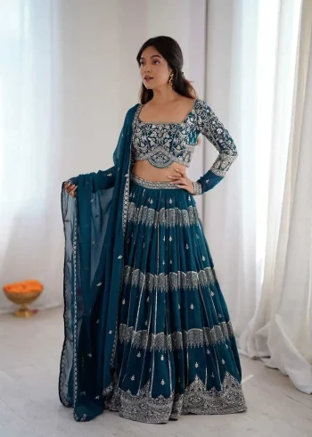 DESIGNER GEORGETTE THREAD EMBROIDERY WITH SEQUENCE WORK LEHENGA CHOLI WITH DUPATTA TEAL