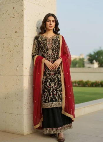 DESIGNER GEORGETTE THREAD, SEQUENCE & ZARI EMBROIDERY WITH PEARL WORK TOP PALAZZO WITH DUPATTA BLACK AND RED