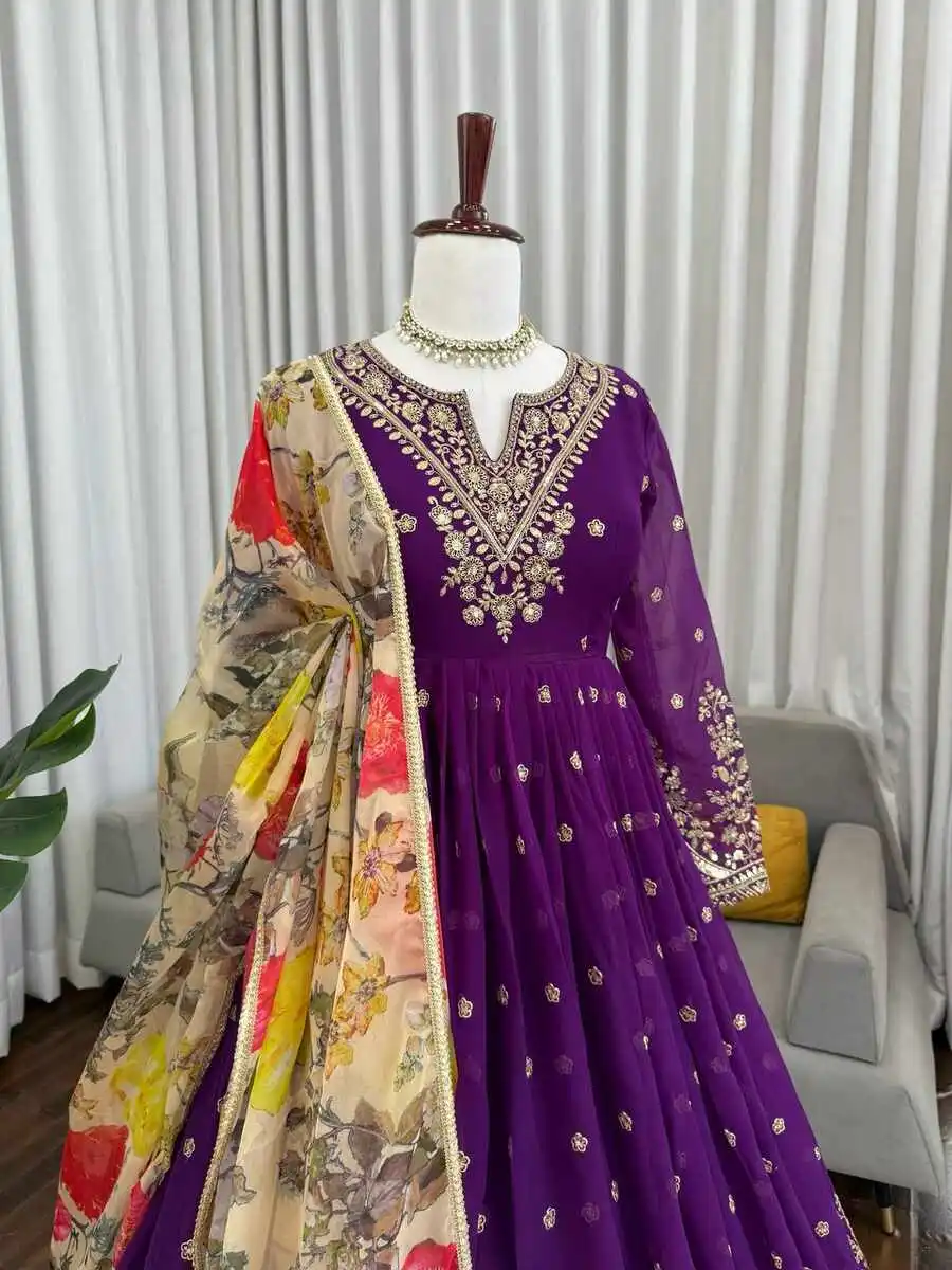 DESIGNER GEORGETTE THREAD WITH SEQUENCE WORK GOWN BOTTOM WITH DUPATTA WEDDING WEAR WHOLESALE PRICE ETHNIC GARMENT (10)