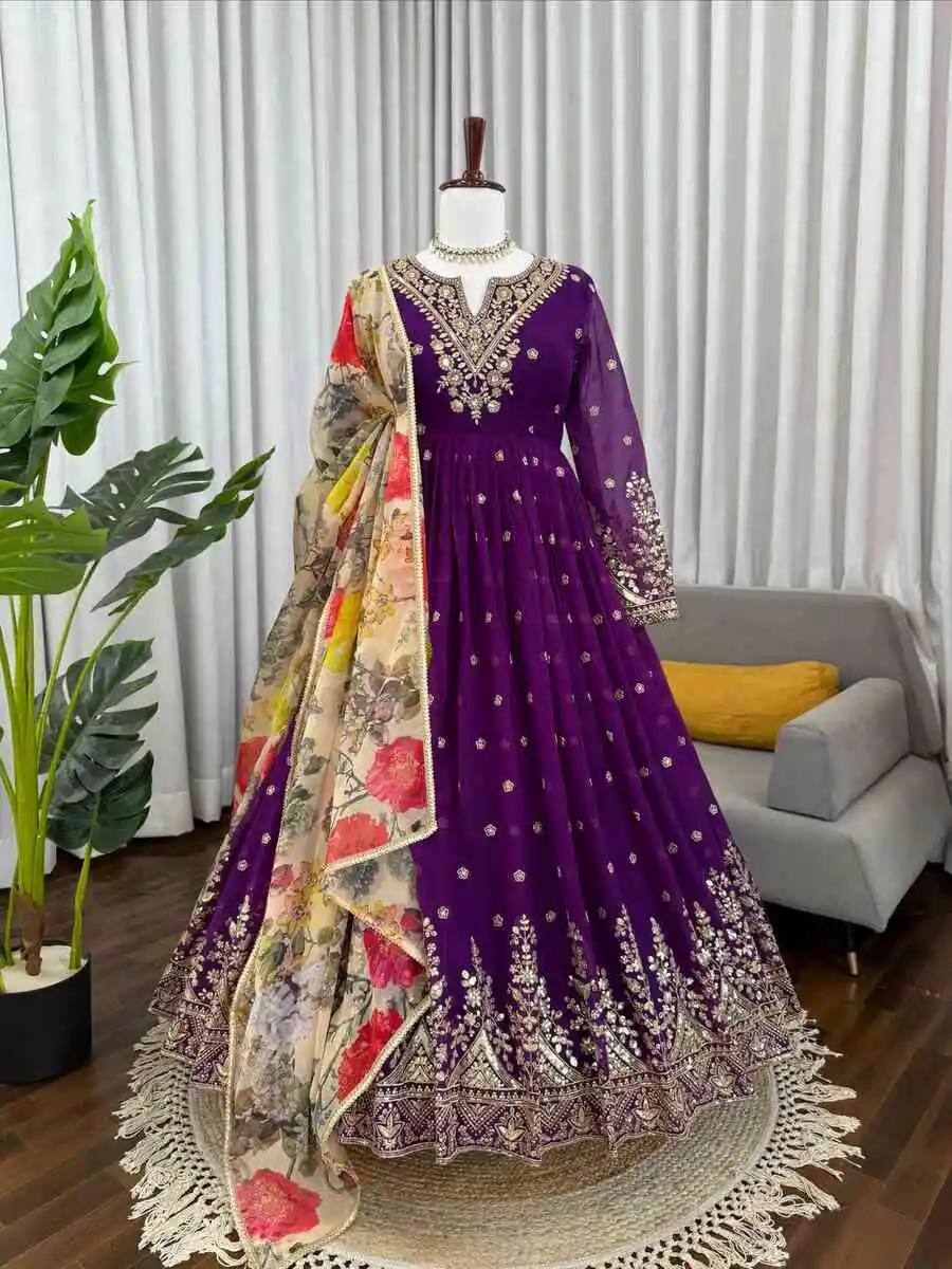 DESIGNER GEORGETTE THREAD WITH SEQUENCE WORK GOWN BOTTOM WITH DUPATTA WEDDING WEAR WHOLESALE PRICE ETHNIC GARMENT (11)