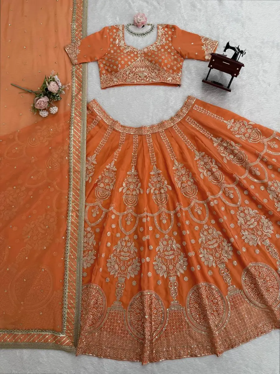 DESIGNER GEORGETTE THREAD WITH SEQUENCE WORK LEHENGA CHOLI WITH DUPATTA WEDDING WEAR WHOLESALE PRICE ETHNIC GARMENT (10)