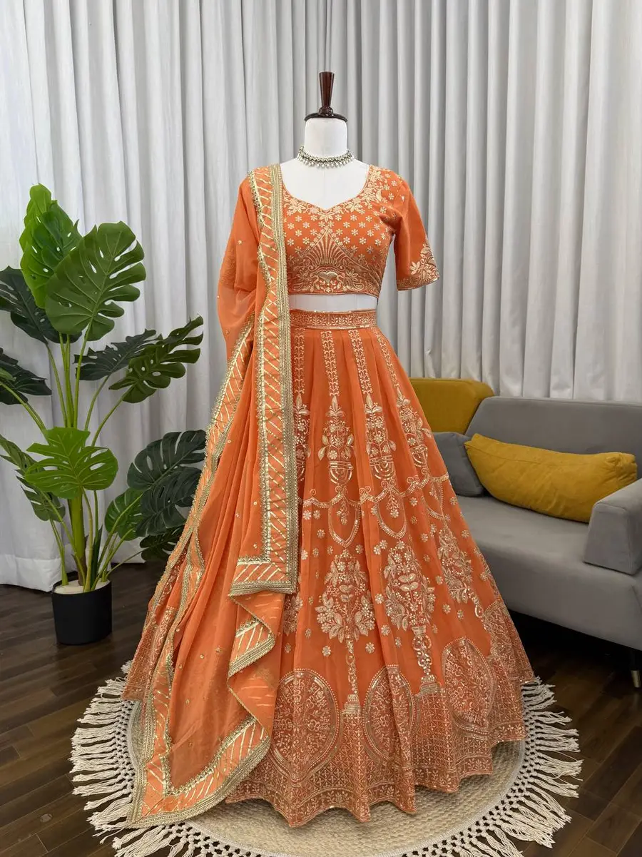 DESIGNER GEORGETTE THREAD WITH SEQUENCE WORK LEHENGA CHOLI WITH DUPATTA WEDDING WEAR WHOLESALE PRICE ETHNIC GARMENT (8)