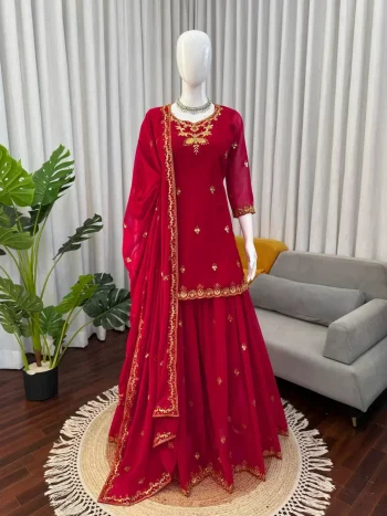 DESIGNER GEORGETTE THREAD WITH SEQUENCE WORK TOP PALAZZO WITH DUPATTA RED