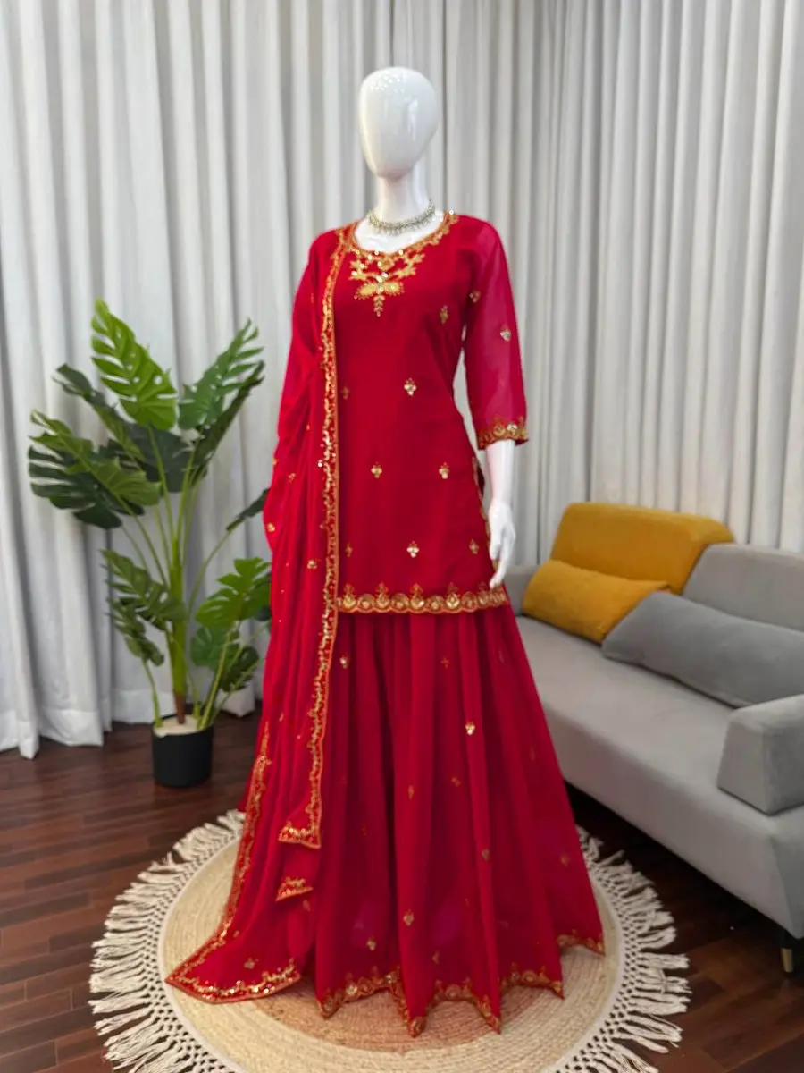 DESIGNER GEORGETTE THREAD WITH SEQUENCE WORK TOP PALAZZO WITH DUPATTA FESTIVE WEAR WHOLESALE PRICE ETHNIC GARMENT (6)