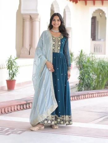 DESIGNER GEORGETTE ZARI & SEQUENCE EMBROIDERY WORK GOWN WITH DUPATTA TEAL