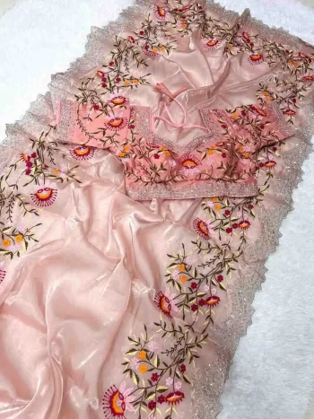 DESIGNER GMY SATIN SEQUENCE ZARI AND ARCO BORDER WORK SAREE WITH STITCHED BLOUSE PEACH