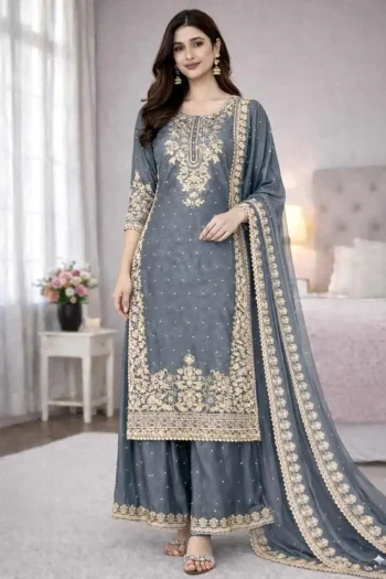 DESIGNER GMY SILK EMBROIDERY CODING SEQUENCE WITH MOTI WORK TOP PALAZZO WITH DUPATTA GREY