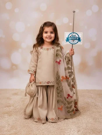 DESIGNER GMY SILK EMBROIDERY SEQUENCE WORK KID'S TOP SHARARA WITH DUPATTA CREAM