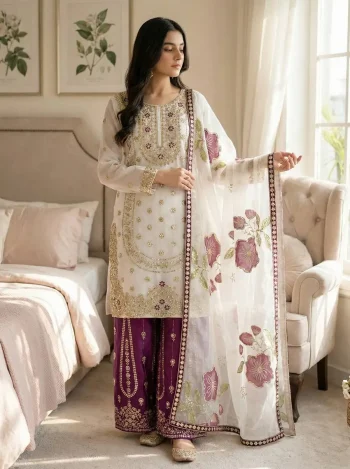DESIGNER GMY SILK EMBROIDERY SEQUENCE WORK TOP PALAZZO WITH DUPATTA PURPLE AND WHITE
