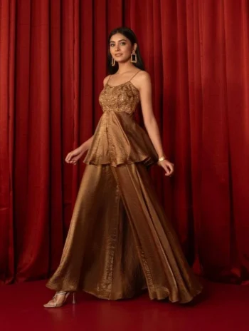 DESIGNER GMY SILK SEQUENCE EMBROIDERY WORK TOP PALAZZO WITH DUPATTA CHIKU