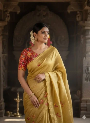 DESIGNER GOLD CRUSH PATOLA HANDWORK CUTDANA BUTTERFLY BUTTA WORK SAREE WITH UNSTITCHED BLOUSE YELLOW