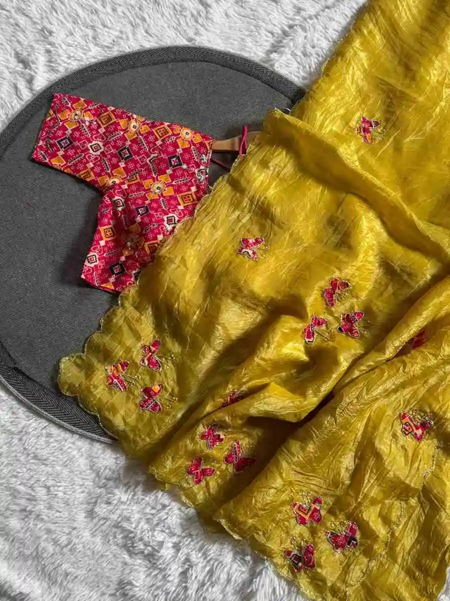 DESIGNER GOLD CRUSH PATOLA HANDWORK CUTDANA BUTTERFLY BUTTA WORK SAREE WITH UNSTITCHED BLOUSE WEDDING WEAR WHOLESALE PRICE ETHNIC GARMENT (8)