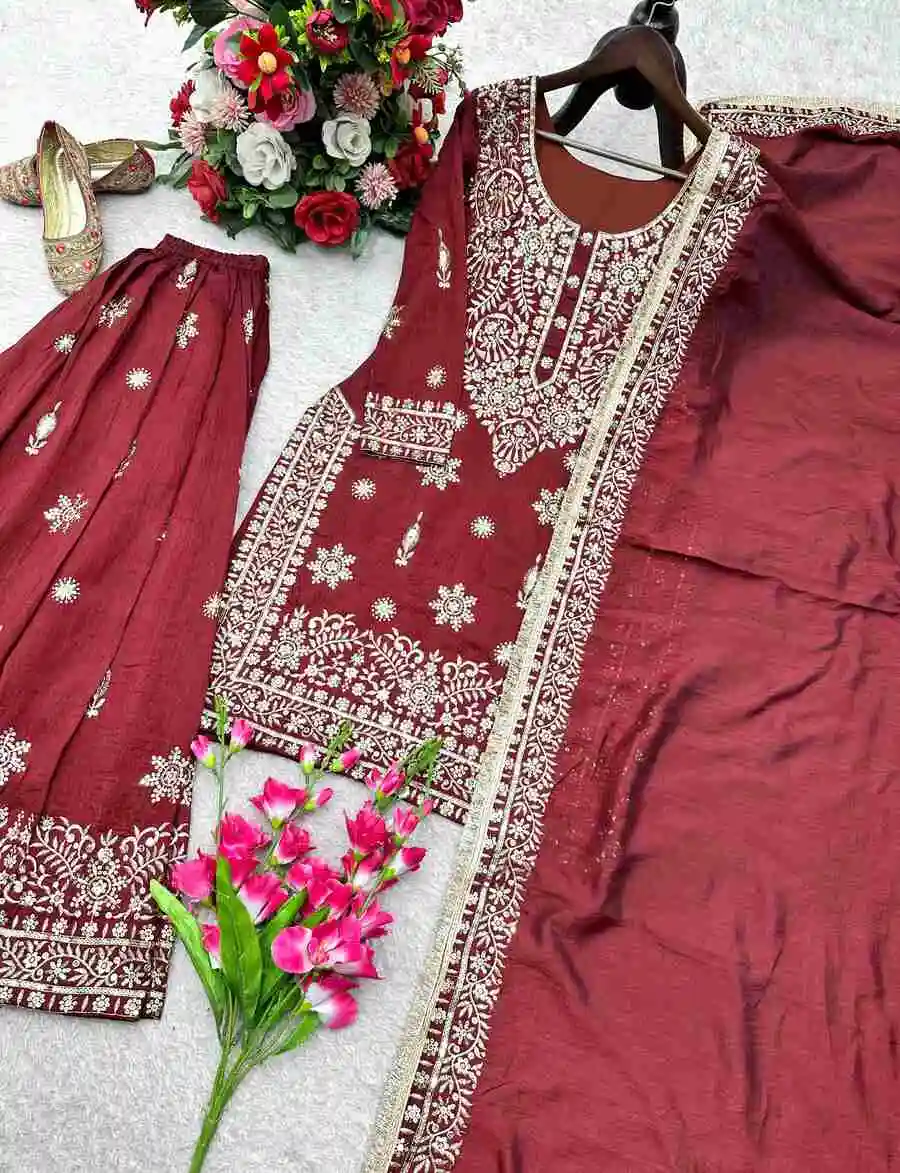 DESIGNER JC SILK EMBROIDERY 5 MM SEQUENCE WORK TOP PALAZZO WITH DUPATTA FESTIVE WEAR WHOLESALE PRICE ETHNIC GARMENT (5)
