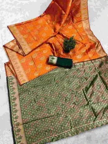 DESIGNER LICHI SILK BANARASI WEAVING WORK SAREE WITH UNSTITCHED BLOUSE ORANGE