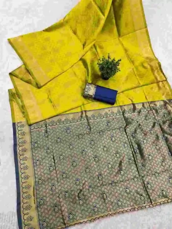 DESIGNER LICHI SILK BANARASI WEAVING WORK SAREE WITH UNSTITCHED BLOUSE LEMON
