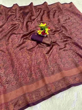 DESIGNER LICHI SILK BANARASI WEAVING WORK SAREE WITH UNSTITCHED BLOUSE PURPLE