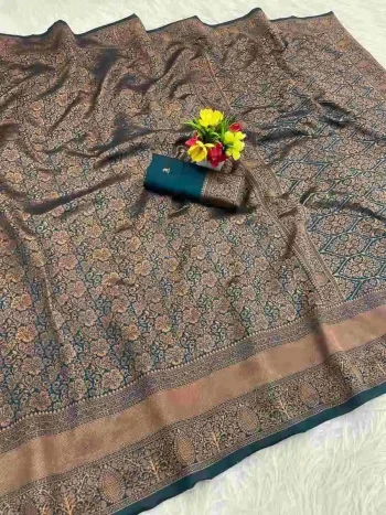 DESIGNER LICHI SILK BANARASI WEAVING WORK SAREE WITH UNSTITCHED BLOUSE TEAL