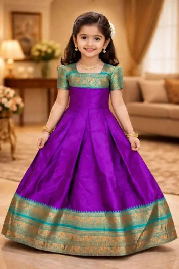 DESIGNER LICHI SILK JACQUARD WORK BORDER WORK KID'S GOWN PURPLE
