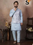 DESIGNER MALAI SATIN KURTA PAYJAMA WITH JACQUARD KOTI SKY