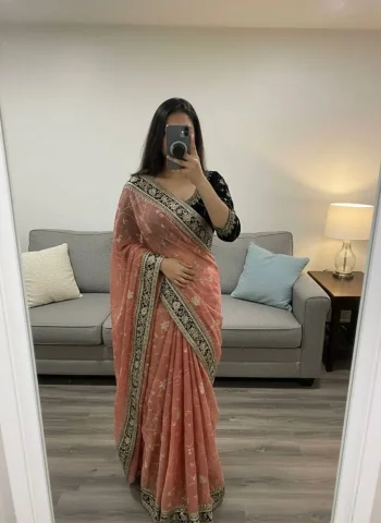 DESIGNER MOSS SILK SEQUENCE AND ZARI EMBROIDERY WITH VELVET LACE BORDER WORK SAREE WITH UNSTITCHED BLOUSE PEACH