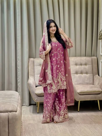 DESIGNER MOSS SILK SEQUENCE & ZARI EMBROIDERY WORK TOP PALAZZO WITH DUPATTA PINK