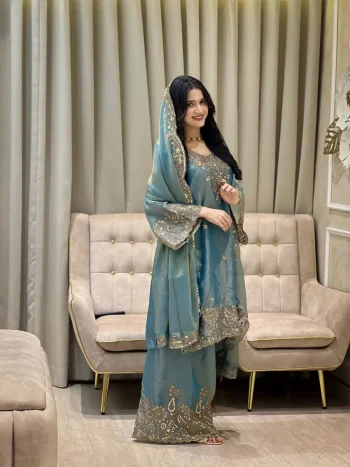 DESIGNER MOSS SILK SEQUENCE & ZARI THREAD EMBROIDERY WORK TOP PALAZZO WITH DUPATTA SKY