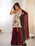 DESIGNER NATURAL SILK EMBROIDERY WORK & BACK DRAWSTRING PATTERN WORK TOP PALAZZO WITH DUPATTA MAROON AND WHITE