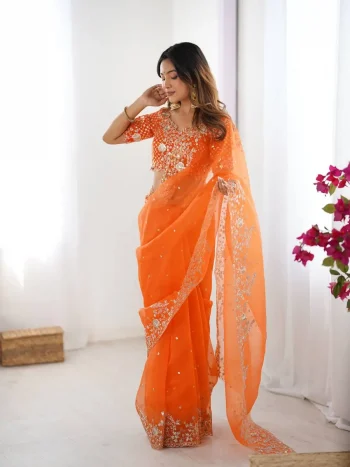 DESIGNER ORGANZA SILK THREAD & SEQUENCE EMBROIDERY WORK SAREE WITH UNSTITCHED BLOUSE ORANGE