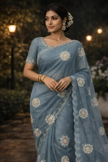 DESIGNER ORGNAZA HAND JARKHAN AND DIAMOND WORK SAREE WITH UNSTITCHED BLOUSE GREY