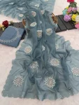 DESIGNER ORGNAZA HAND JARKHAN AND DIAMOND WORK SAREE WITH UNSTITCHED BLOUSE WEDDING WEAR WHOLESALE PRICE ETHNIC GARMENT (4)