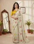 DESIGNER RANGOLI FLORAL EMBROIDERY THREAD WITH REAL MIRROR WORK SCALLOPED AND BORDER WORK SAREE WITH UNSTITCHED BLOUSE CREAM