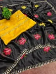 DESIGNER RANGOLI SILK EMBROIDERY AND REAL MIRROR ALL OVER AND ZARI WORK SAREE WITH UNSTITCHED BLOUSE BLACK