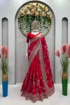 DESIGNER RANGOLI SILK THREAD EMBROIDERY CODING SEQUENCE WORK SAREE WITH UNSTITCHED BLOUSE RED