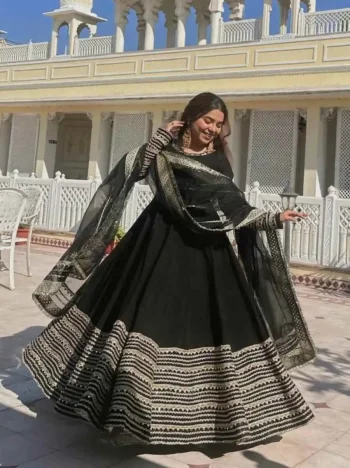 DESIGNER RAYON CODING EMBROIDERY SEQUENCE & THREAD WORK ANARAKALI BOTTOM WITH DUPATTA BLACK