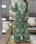 DESIGNER RAYON COTTON EMBROIDERY WORK KURTI PALAZZO SET PISTA