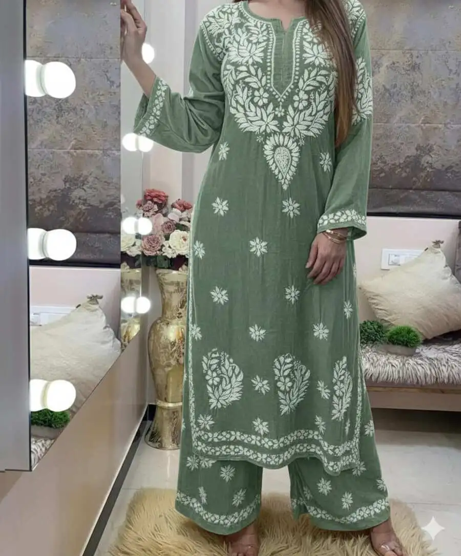DESIGNER RAYON COTTON EMBROIDERY WORK KURTI PALAZZO SET DAILY WEAR WHOLESALE PRICE ETHNIC GARMENT (16)