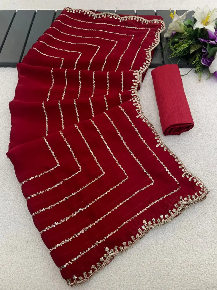 DESIGNER SATIN CHIFFON EMBROIDERY 3 MM SEQUENCE WORK HEAVY BORDER WORK SAREE WITH UNSTITCHED BLOUSE FESTIVE WEAR WHOLESALE PRICE ETHNIC GARMENT (1)