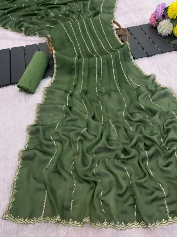 DESIGNER SATIN CHIFFON EMBROIDERY 3 MM SEQUENCE WORK HEAVY BORDER WORK SAREE WITH UNSTITCHED BLOUSE MEHNDI