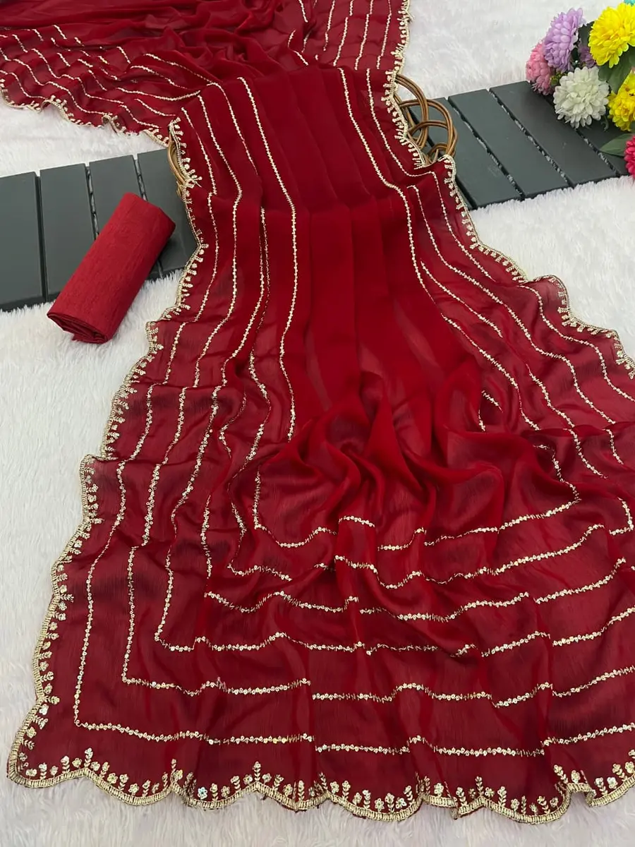 DESIGNER SATIN CHIFFON EMBROIDERY 3 MM SEQUENCE WORK HEAVY BORDER WORK SAREE WITH UNSTITCHED BLOUSE FESTIVE WEAR WHOLESALE PRICE ETHNIC GARMENT (7)