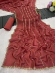 DESIGNER SATIN CHIFFON EMBROIDERY 3 MM SEQUENCE WORK HEAVY BORDER WORK SAREE WITH UNSTITCHED BLOUSE PEACH