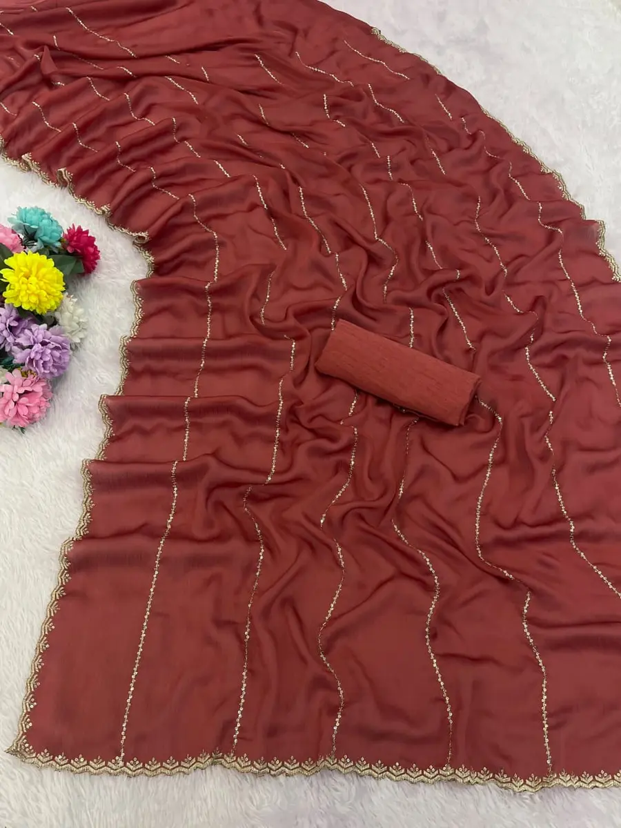 DESIGNER SATIN CHIFFON EMBROIDERY 3 MM SEQUENCE WORK HEAVY BORDER WORK SAREE WITH UNSTITCHED BLOUSE FESTIVE WEAR WHOLESALE PRICE ETHNIC GARMENT (8)