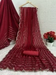 DESIGNER SATIN CHIFFON EMBROIDERY 3 MM SEQUENCE WORK HEAVY BORDER WORK SAREE WITH UNSTITCHED BLOUSE RED