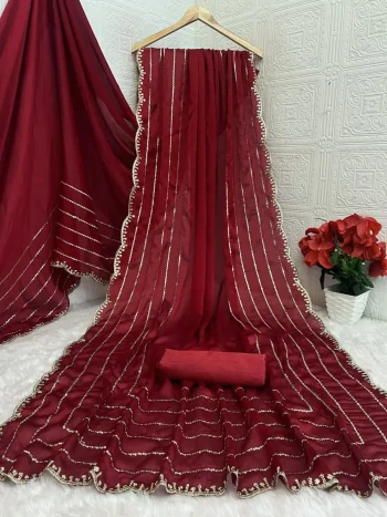 DESIGNER SATIN CHIFFON EMBROIDERY 3 MM SEQUENCE WORK HEAVY BORDER WORK SAREE WITH UNSTITCHED BLOUSE RED