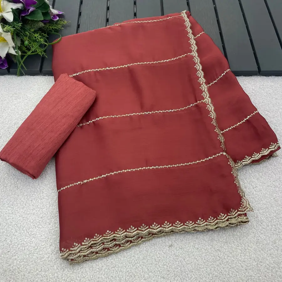 DESIGNER SATIN CHIFFON EMBROIDERY 3 MM SEQUENCE WORK HEAVY BORDER WORK SAREE WITH UNSTITCHED BLOUSE FESTIVE WEAR WHOLESALE PRICE ETHNIC GARMENT (9)