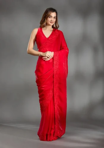 DESIGNER SATIN SILK PLAIN WITH SWAROVSKI DIAMOND AND MULTI EMBROIDERY WORK SAREE WITH UNSTITCHED BLOUSE RED