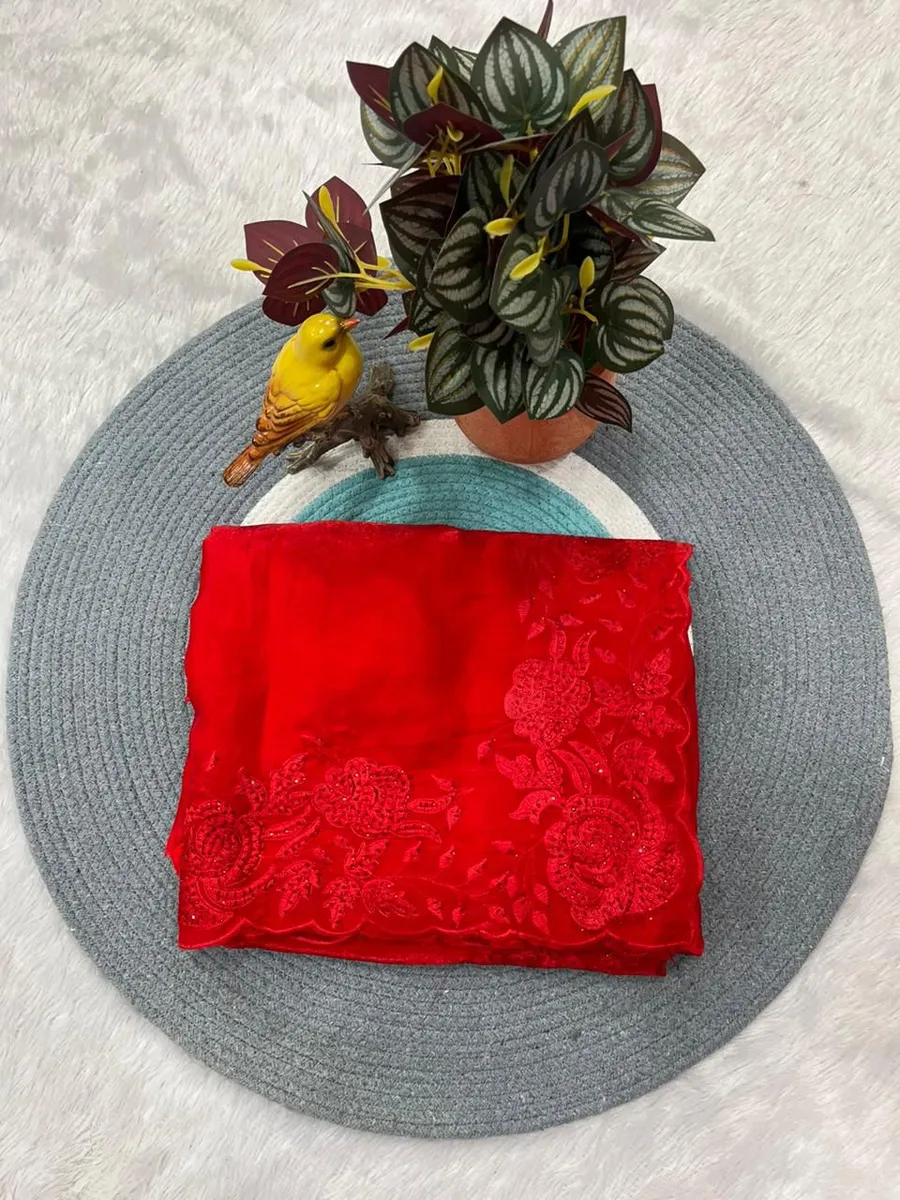 DESIGNER SATIN SILK PLAIN WITH SWAROVSKI DIAMOND AND MULTI EMBROIDERY WORK SAREE WITH UNSTITCHED BLOUSE PARTY WEAR WHOLESALE PRICE ETHNIC GARMENT (7)