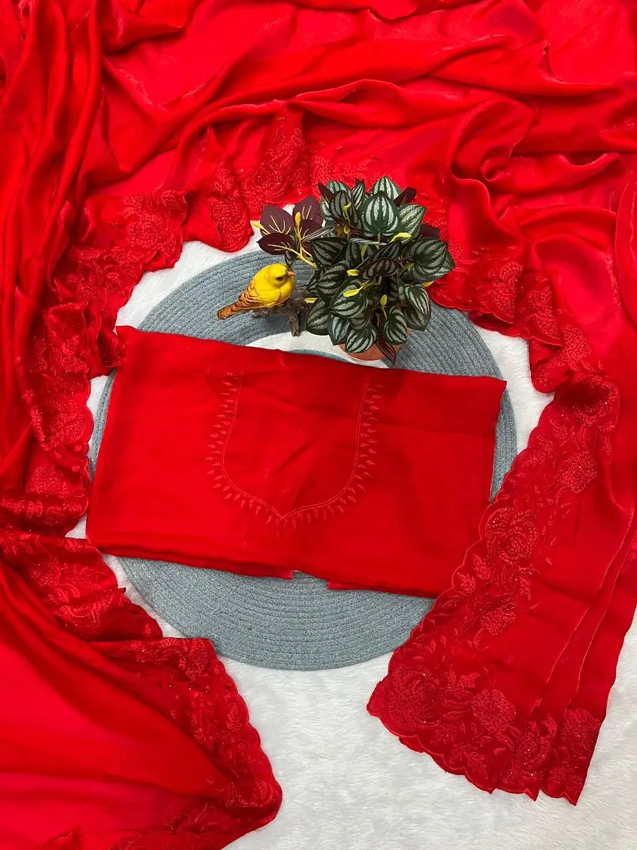 DESIGNER SATIN SILK PLAIN WITH SWAROVSKI DIAMOND AND MULTI EMBROIDERY WORK SAREE WITH UNSTITCHED BLOUSE PARTY WEAR WHOLESALE PRICE ETHNIC GARMENT (8)