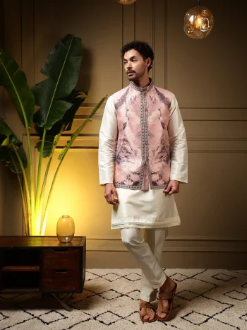 DESIGNER SLUB SILK PLAIN MEN'S KURTA PAYJAMA WITH 3D WEAVING WORK KOTI LAVENDER