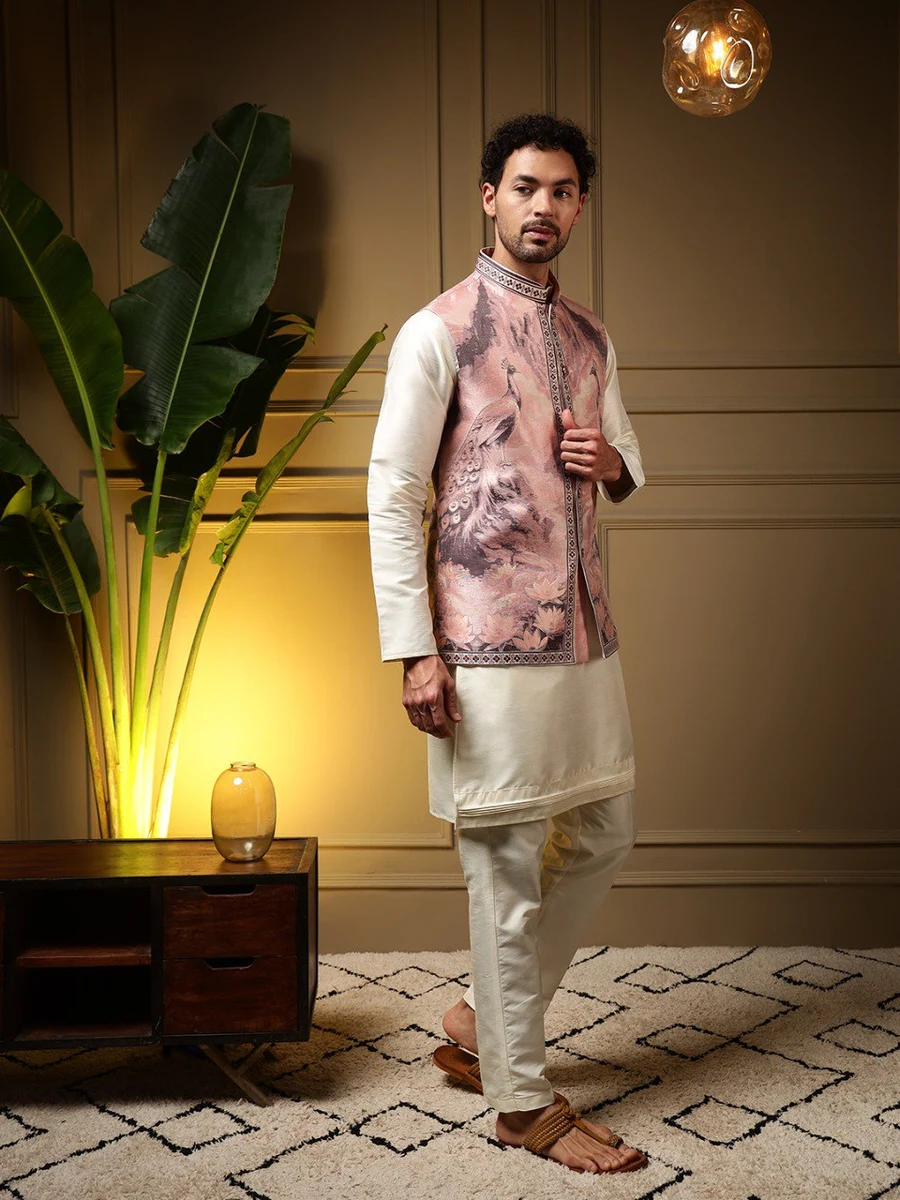 DESIGNER SLUB SILK PLAIN MEN'S KURTA PAYJAMA WITH 3D WEAVING WORK KOTI PARTY WEAR WHOLESALE PRICE ETHNIC GARMENT (28)