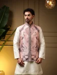 DESIGNER SLUB SILK PLAIN MEN’S KURTA PAYJAMA WITH 3D WEAVING WORK KOTI PARTY WEAR WHOLESALE PRICE ETHNIC GARMENT (26)